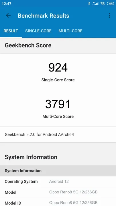 Oppo Reno8 5G 12/256GB Geekbench Benchmark результаты теста (score / баллы)
