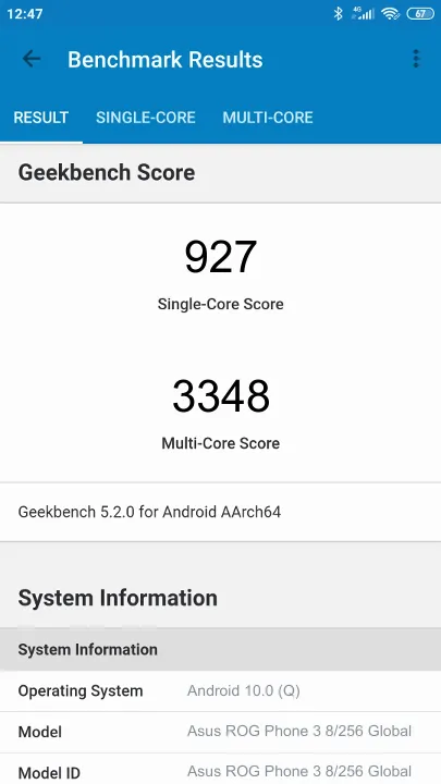 Asus ROG Phone 3 8/256 Global Geekbench Benchmark результаты теста (score / баллы)