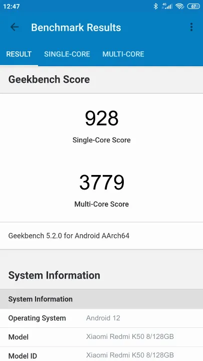Xiaomi Redmi K50 8/128GB Geekbench Benchmark результаты теста (score / баллы)