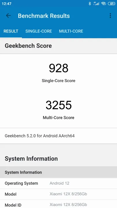 Xiaomi 12X 8/256Gb Geekbench Benchmark результаты теста (score / баллы)