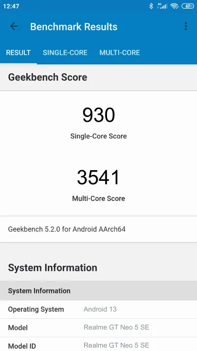 Realme GT Neo 5 SE Geekbench Benchmark результаты теста (score / баллы)