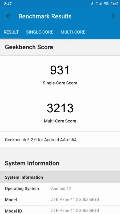 ZTE Axon 41 5G 8/256GB Geekbench Benchmark результаты теста (score / баллы)