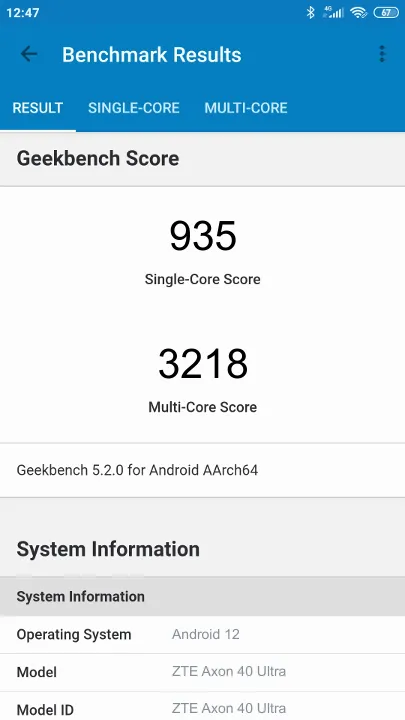 ZTE Axon 40 Ultra 8/128GB Geekbench Benchmark результаты теста (score / баллы)