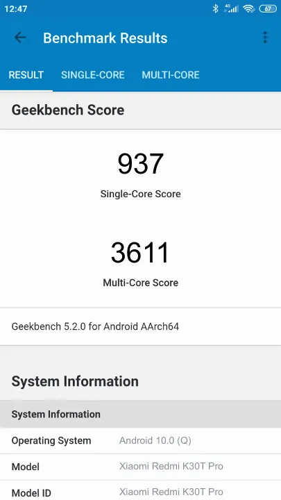 Xiaomi Redmi K30T Pro Geekbench Benchmark результаты теста (score / баллы)