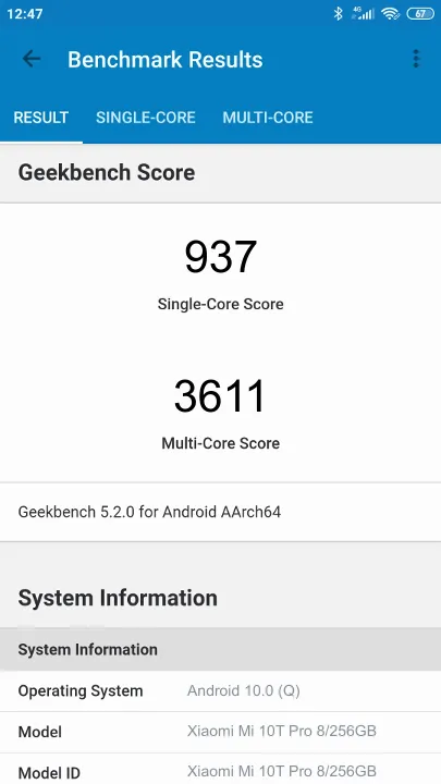 Xiaomi Mi 10T Pro 8/256GB Geekbench Benchmark результаты теста (score / баллы)