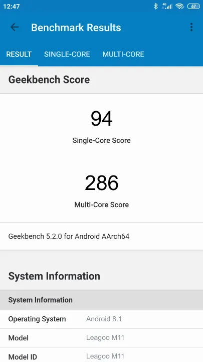 Leagoo M11 Geekbench Benchmark результаты теста (score / баллы)