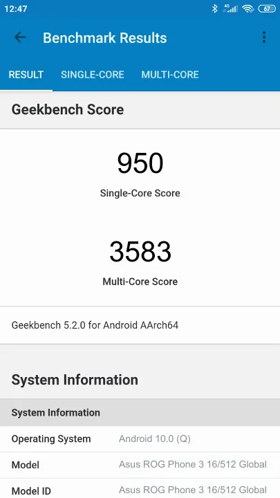 Asus ROG Phone 3 16/512 Global Geekbench Benchmark результаты теста (score / баллы)