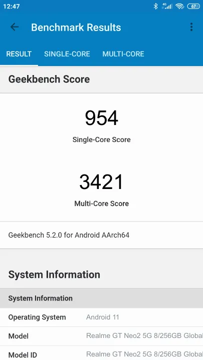 Realme GT Neo2 5G 8/256GB Global ROM Geekbench Benchmark результаты теста (score / баллы)