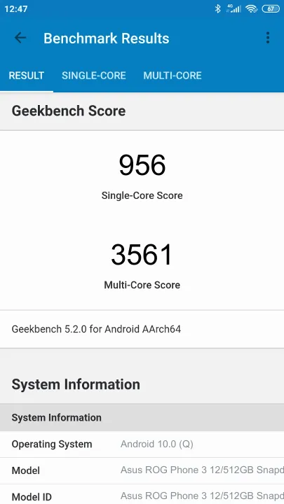 Asus ROG Phone 3 12/512GB Snapdragon 865 Plus Geekbench Benchmark результаты теста (score / баллы)