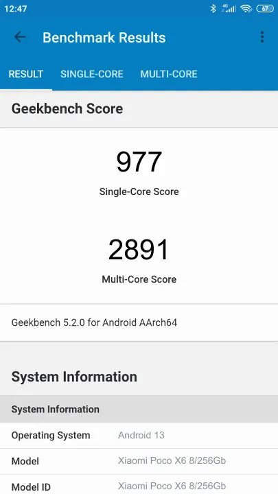 Xiaomi Poco X6 8/256Gb Geekbench Benchmark результаты теста (score / баллы)