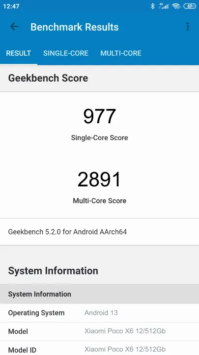 Xiaomi Poco X6 12/512Gb Geekbench Benchmark результаты теста (score / баллы)