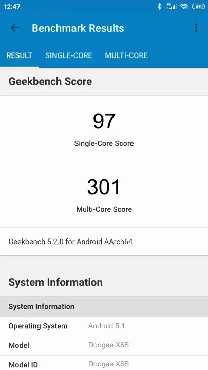 Doogee X6S Geekbench Benchmark результаты теста (score / баллы)