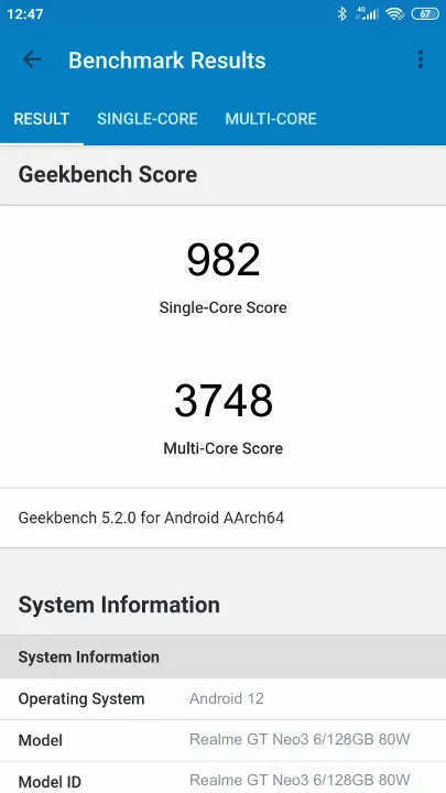 Realme GT Neo3 6/128GB 80W Geekbench Benchmark результаты теста (score / баллы)