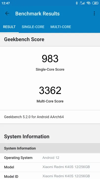 Xiaomi Redmi K40S 12/256GB Geekbench Benchmark результаты теста (score / баллы)