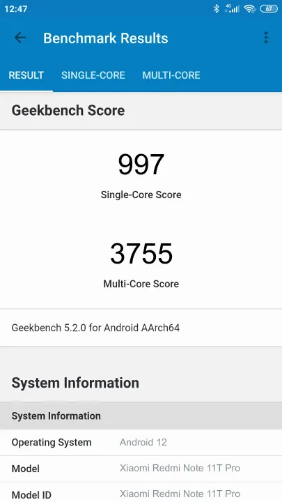 Xiaomi Redmi Note 11T Pro 6/128GB Geekbench Benchmark результаты теста (score / баллы)
