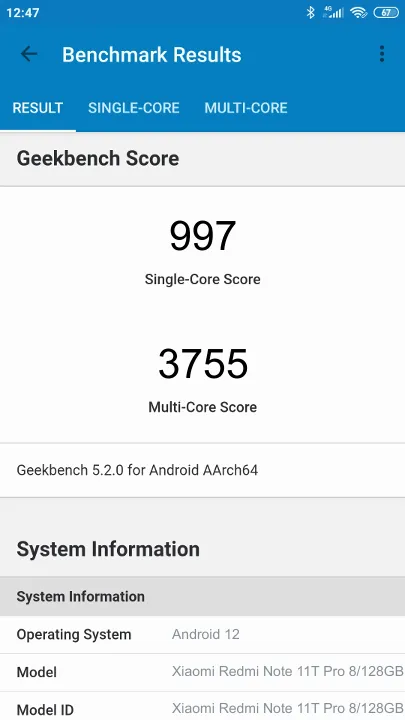 Xiaomi Redmi Note 11T Pro 8/128GB Geekbench Benchmark результаты теста (score / баллы)